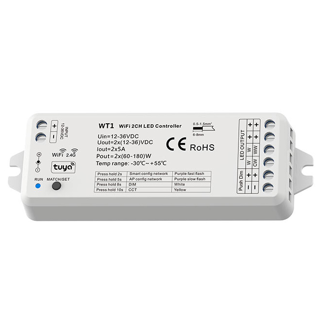 Tuya APP + RF 2.4GHz WiFi CCT 2CH LED Controller WT1 Tuya APP + RF 2.4GHz WiFi CCT 2CH LED Controller WT1